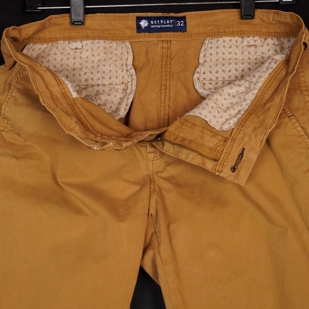 Netplay Chino Pants Mens 32 Tan Heritage Workwear Slim Tapered Cotton - Picture 5 of 12